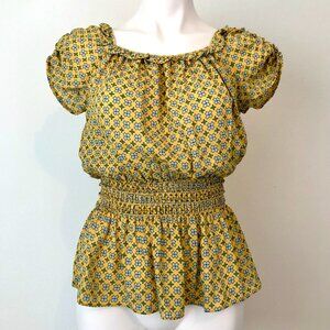 NEW NWT MAX STUDIO Floral Smocked Waist Top Yellow Blue Short Sleeve Cottagecore